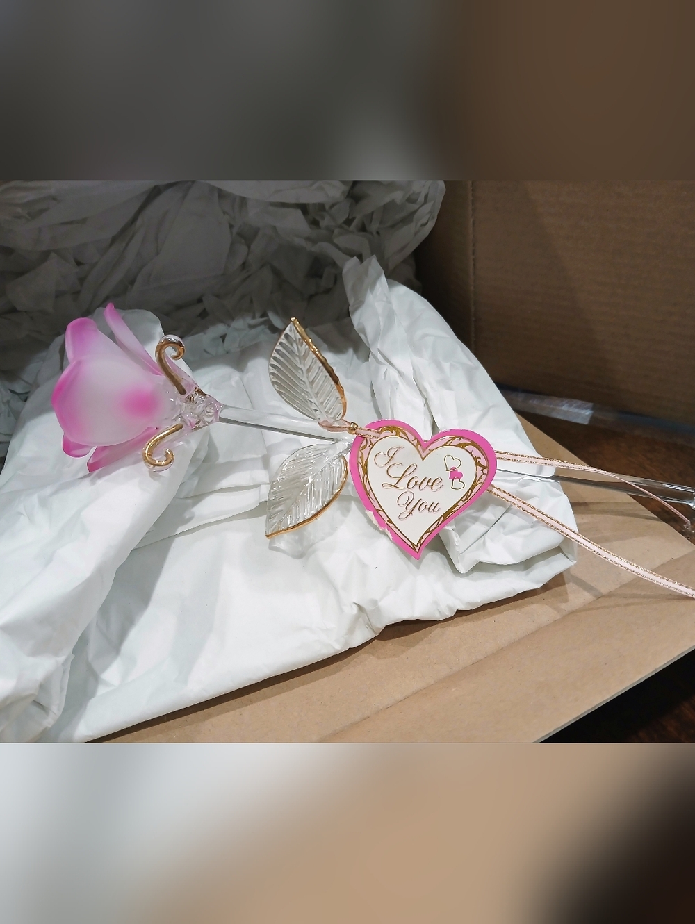 Pink Glass Rose with 'Love You' Heart Accent